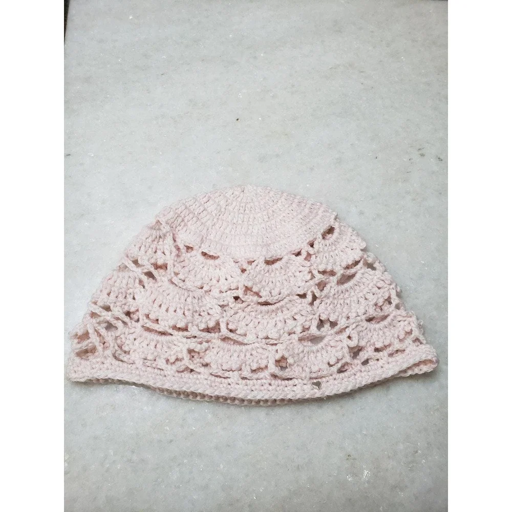 Handmade Crochet Chain Mesh Beanie Knit Cottage Mystic Fairy Lacy Coquette Pink
